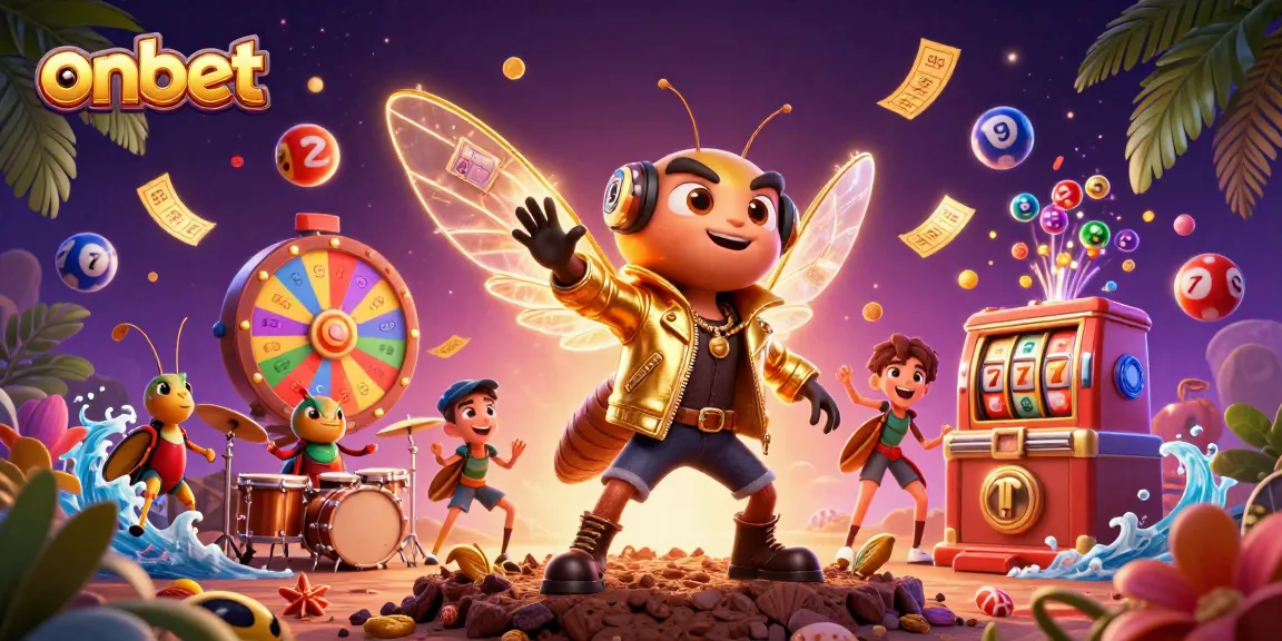 Engage with onbet's electrifying casino atmosphere in this dynamic 3D illustration featuring a rock star cicada.