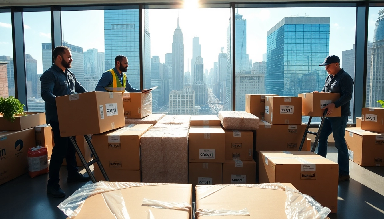 Efficient Office Moving Services NYC showcased by professional movers with company logo boxes.