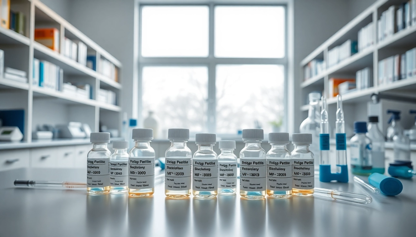 Buy research peptides in a well-organized lab highlighting clear vials and scientific tools.