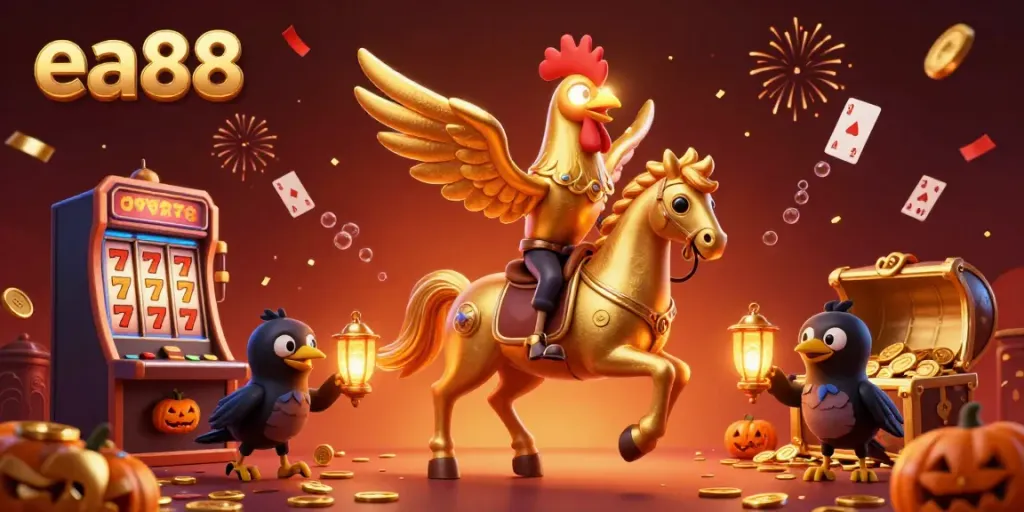 Experience the excitement of ea88 with a golden rooster and spectral horse in a dynamic casino scene.
