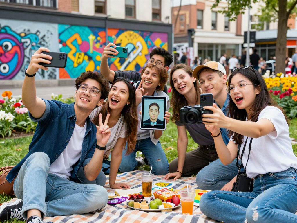 Young adults enjoying a sunny park day, checking how old do I look with an AI app on smartphones.