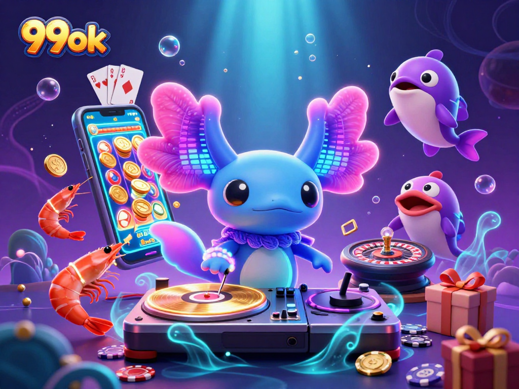 Transform with 99ok as the axolotl DJ spins vibrant slot games in a lively underwater scene.