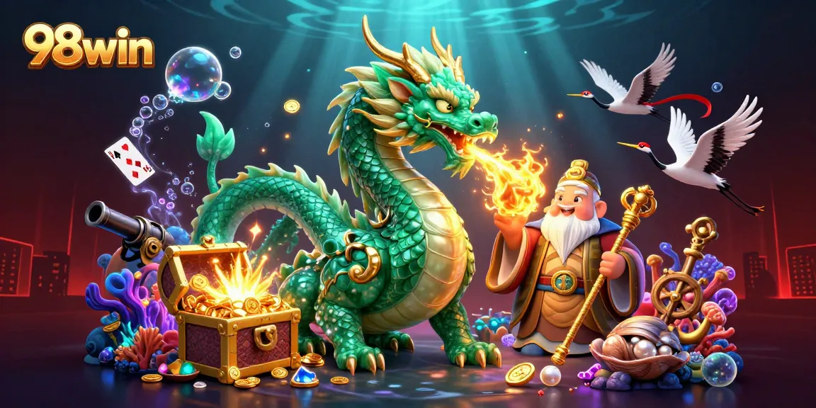 Engage with 98win's online casino adventure featuring a jade dragon and lucky cranes.