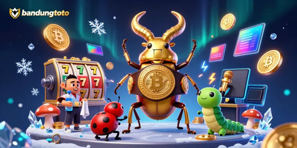 Bandungtoto gaming scene with a giant stag beetle in a boxing ring interacting with cartoon characters and casino game elements.