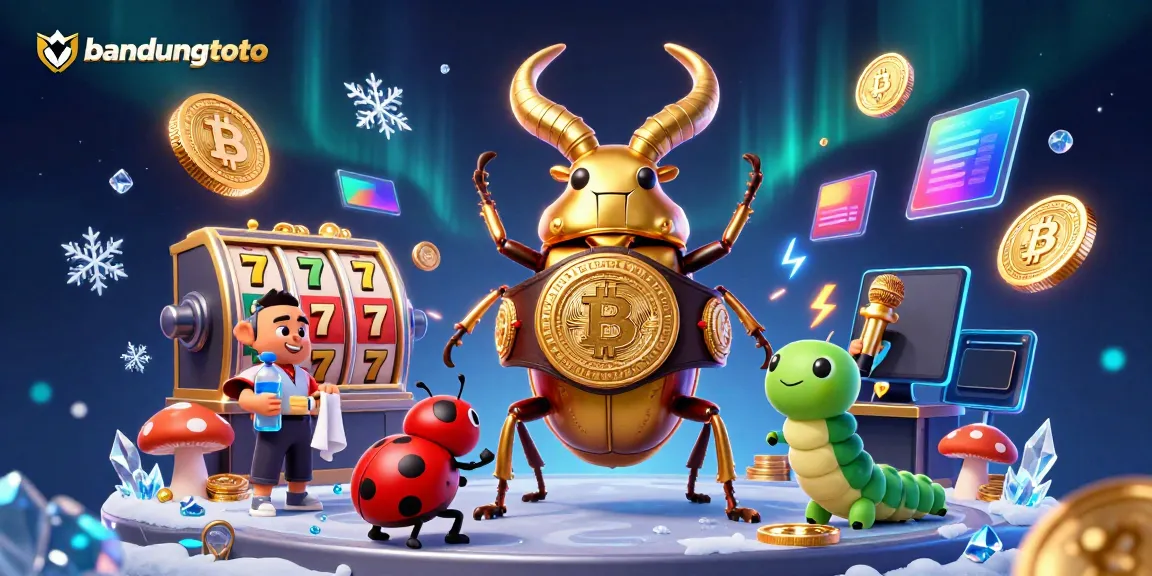 Bandungtoto gaming scene with a giant stag beetle in a boxing ring interacting with cartoon characters and casino game elements.