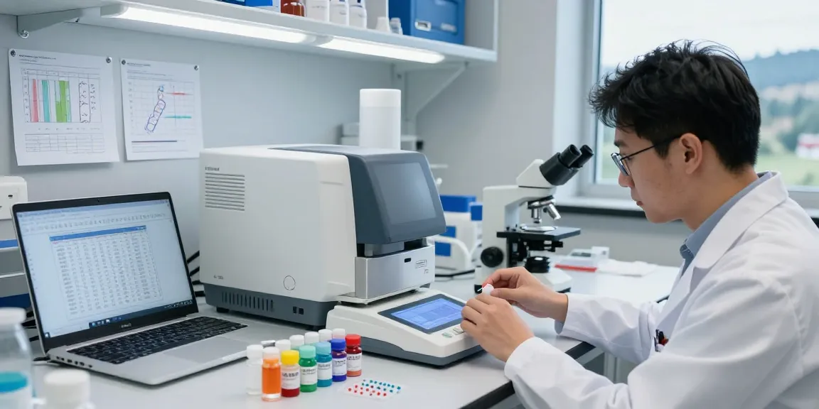 KoiPeptidesCanada scientist analyzing research peptides in a modern lab with vials, digital scale, and advanced equipment.