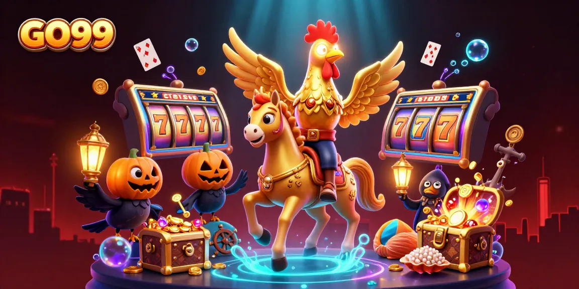 Join exciting gaming at GO99 with dazzling golden rooster amidst vibrant casino assets.