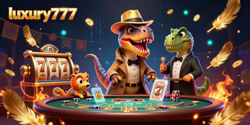 Play at luxury777 as a cartoon velociraptor card counter engages in blackjack gaming.