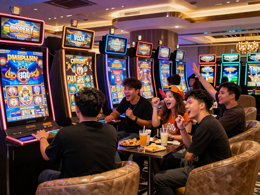 Suasana permainan slot gacor yang meriah di kasino modern dengan teman-teman bersenang-senang.
