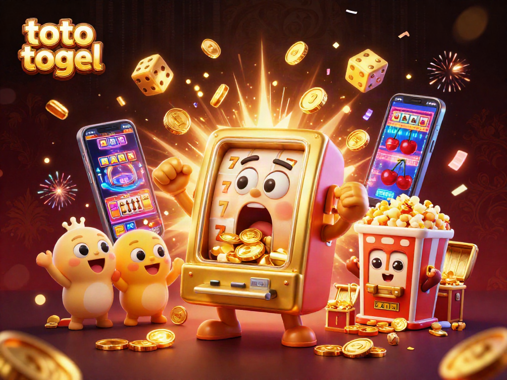 Spin to win with toto togel as golden coins pour from the jubilant slot machine amidst a vibrant casino scene.