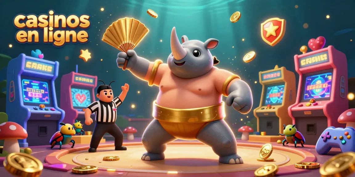 Découvrez des casinos en ligne avec un champion sumo rétro illustré et des éléments de jeux colorés.