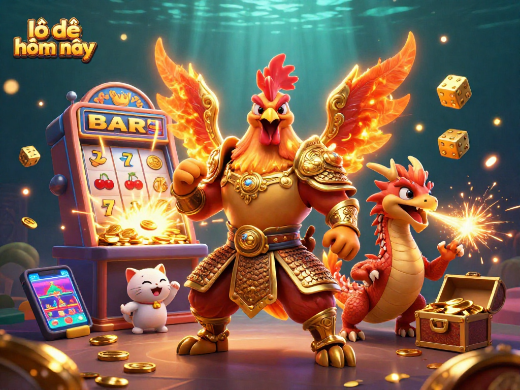 Enjoy lô đề hôm nay with a vibrant casino scene featuring a fighting rooster warrior and a jackpot explosion.
