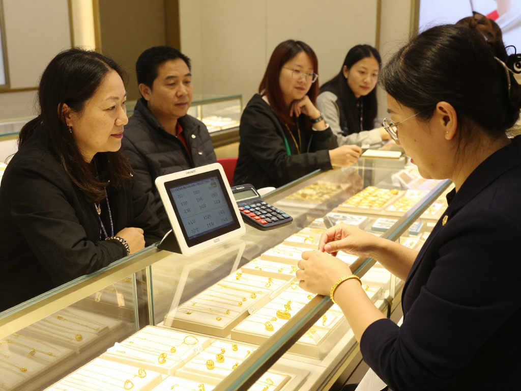 mantra 88 gold jewelry display with knowledgeable assistant guiding customers in a luxurious and trustworthy environment