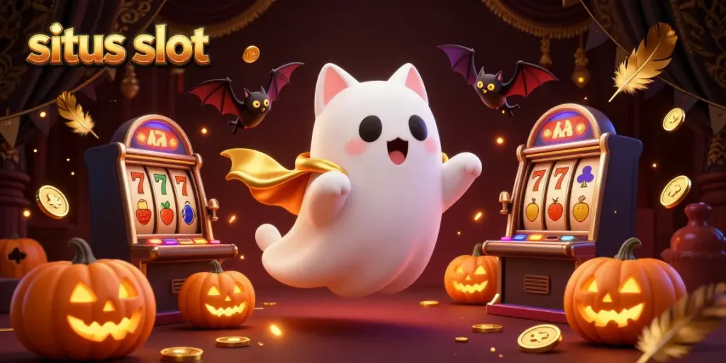 Engaging scene of a ghost cat and bat in a haunted casino featuring situs slot elements for thrilling gameplay
