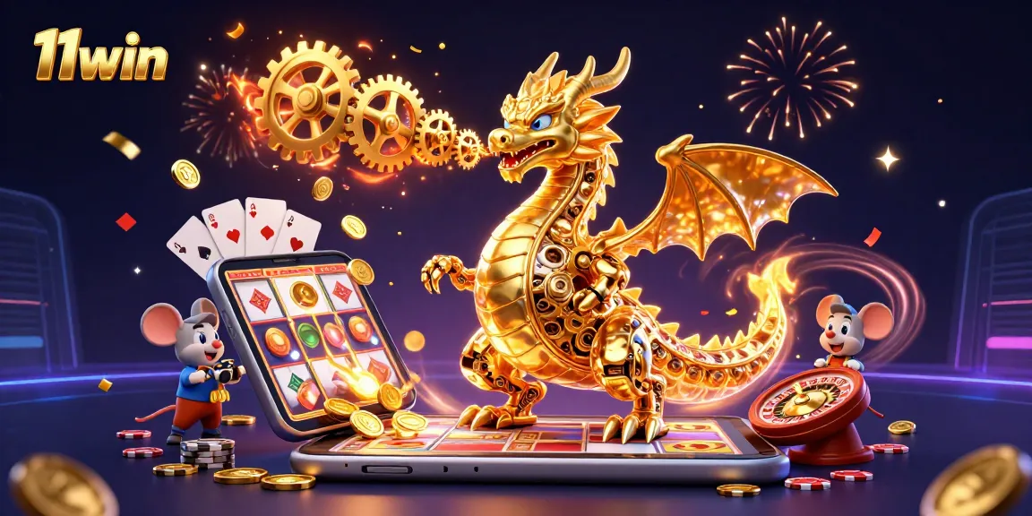 Engage with 11win's vibrant gaming scene featuring a golden dragon, slot games, and festive elements.
