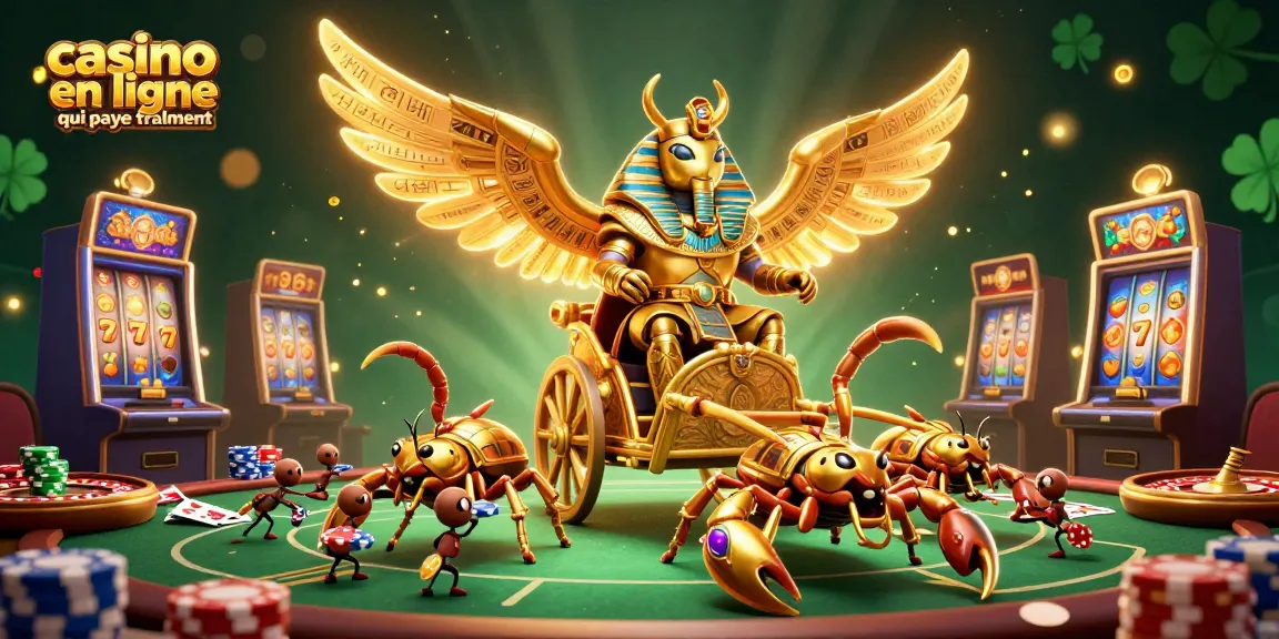 Illustration dynamique de casino en ligne qui paye vraiment avec un scarabée doré et des éléments de jeu vivants.