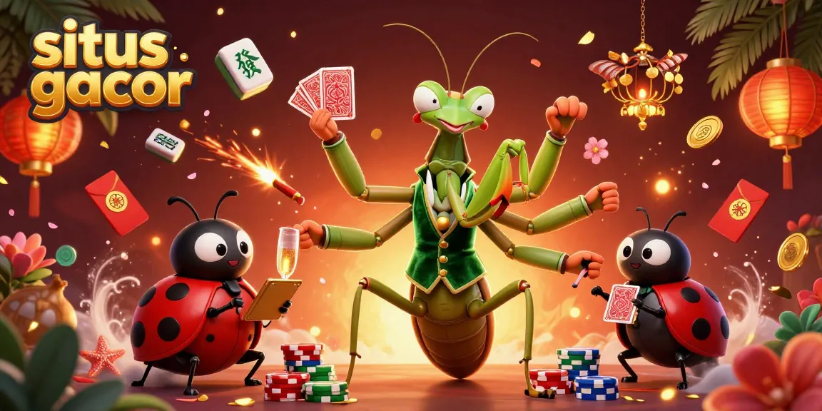 Engage with situs gacor as a giant mantis deals cards and celebrates wins in a vibrant casino scene.