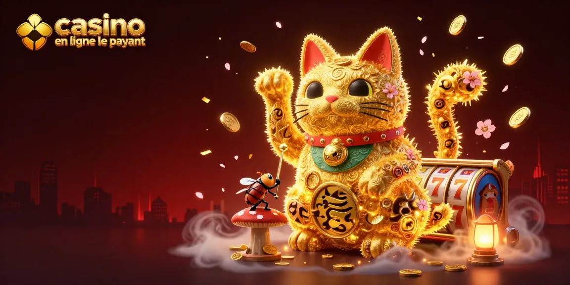Visualisez un chat porte-bonheur dans un casino en ligne le plus payant avec des éléments scintillants.