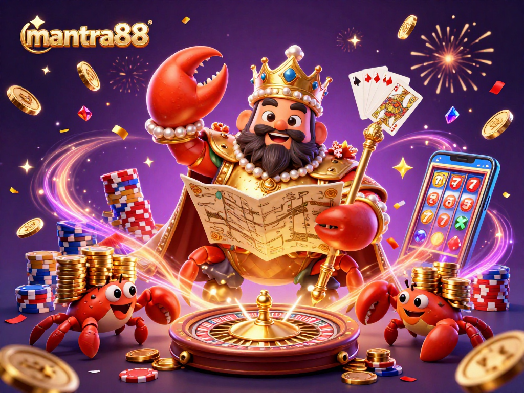 Engage in exhilarating gameplay with mantra88, highlighted by a golden crab emperor amidst casino excitement.