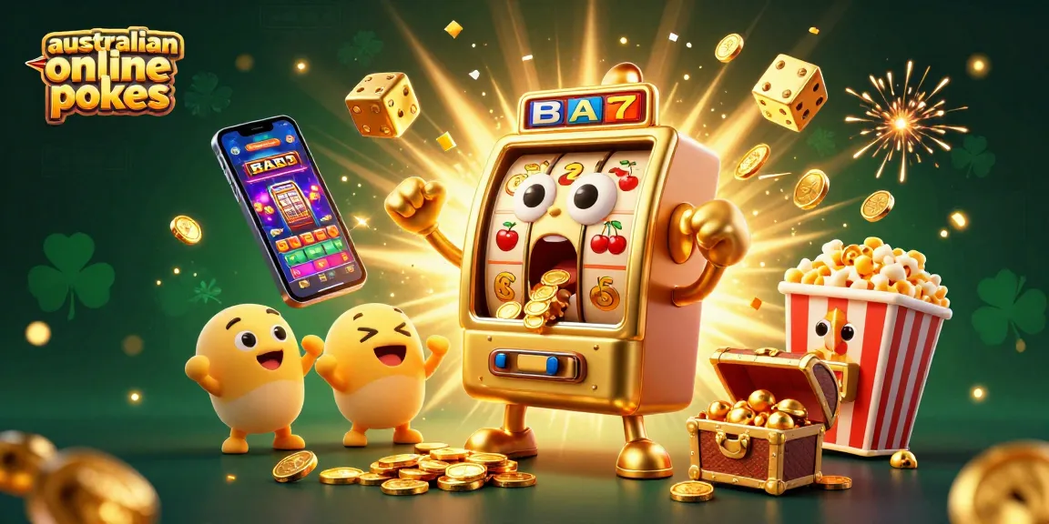 Experience lively australian online pokies action with golden slot machines celebrating amidst a jackpot explosion.