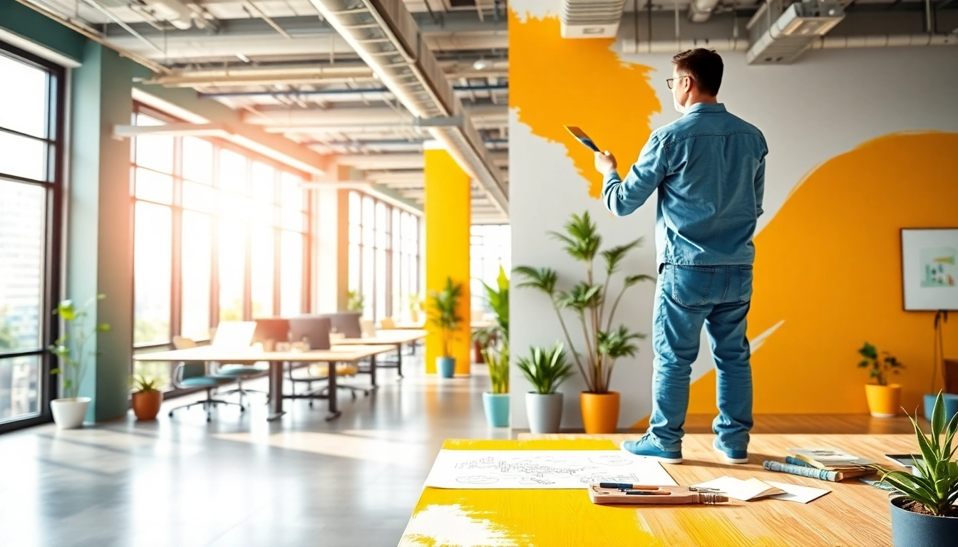 Creating an artistic painting commercial in a vibrant office setting, showcasing creativity and professionalism.