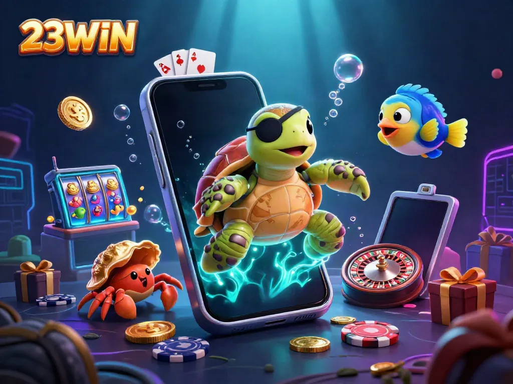 Engage with 23WIN's vibrant casino illustration featuring a pirate turtle amidst dynamic gaming elements.