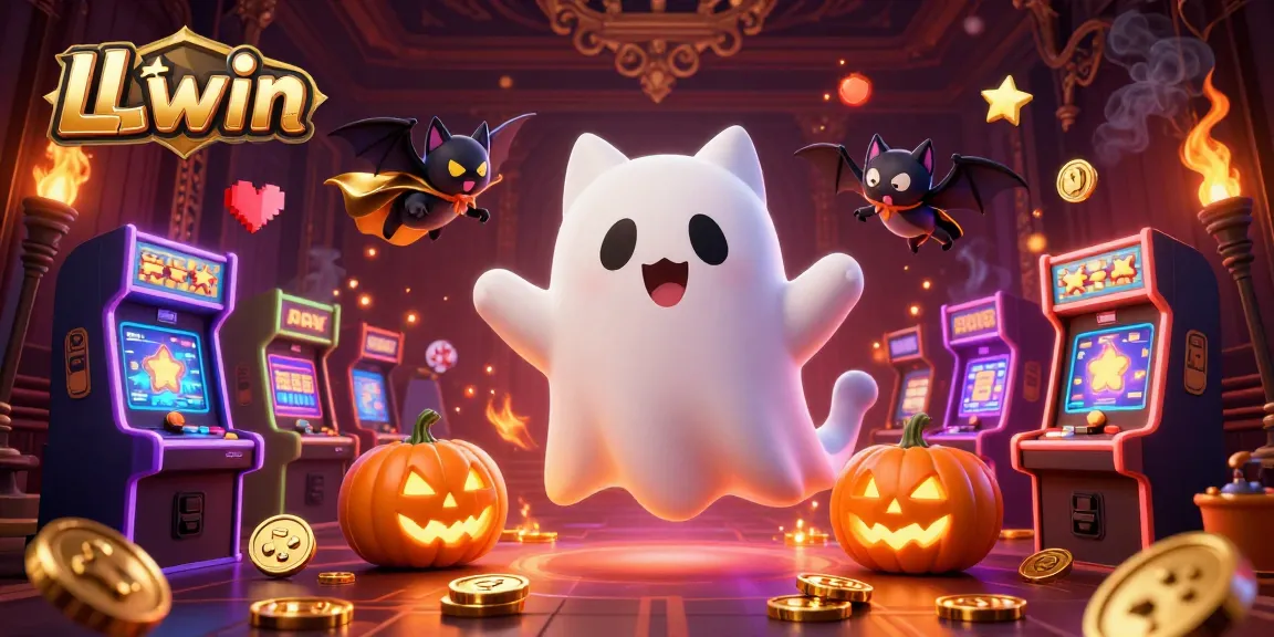 LLwin offers a vibrant casino experience with a ghost cat, bat, and glowing jack-o-lanterns in a haunted setting.