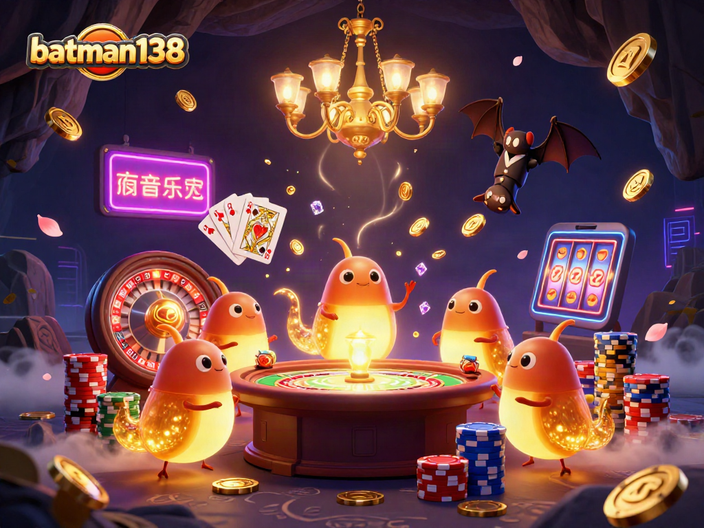 Experience fun at batman138 with a vibrant cave casino illuminated by glowworms and an upside-down bat dealer.