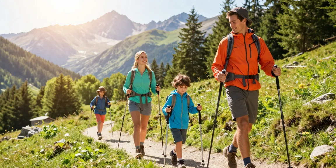 Family hiking in scenic mountains, showcasing adventure spirit of thatmountainlife.com.