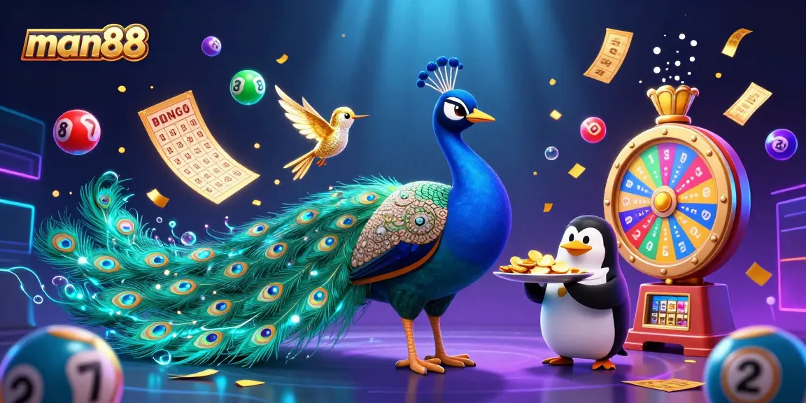 Experience the excitement of man88 as colorful lottery balls bounce around a royal peacock and friends.