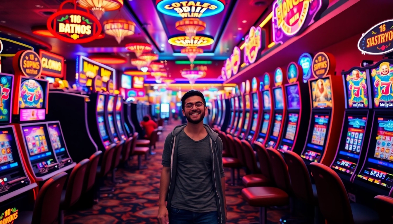 Players enjoying vibrant slot gambling machines with colorful themes in a lively casino setting.
