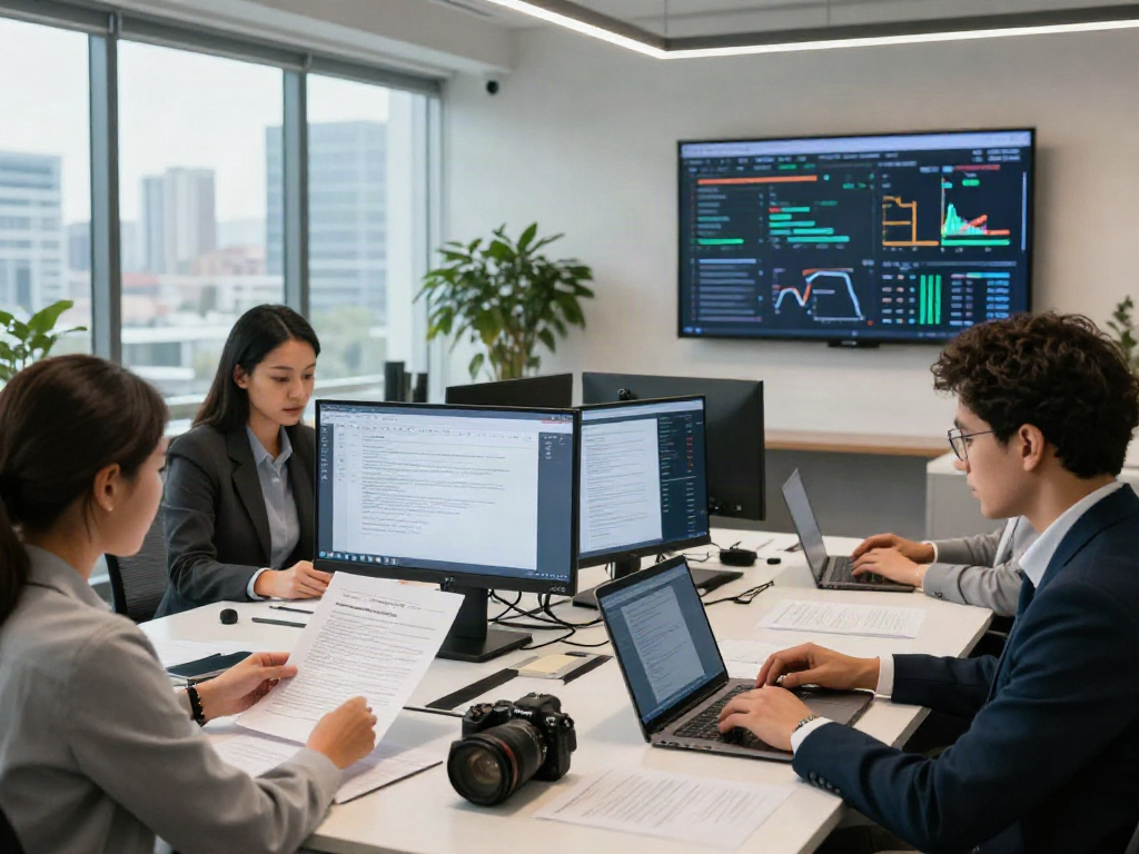 Dynamic office scene showcasing a diverse team analyzing a document fraud detection solution, emphasizing teamwork and technology in finance.