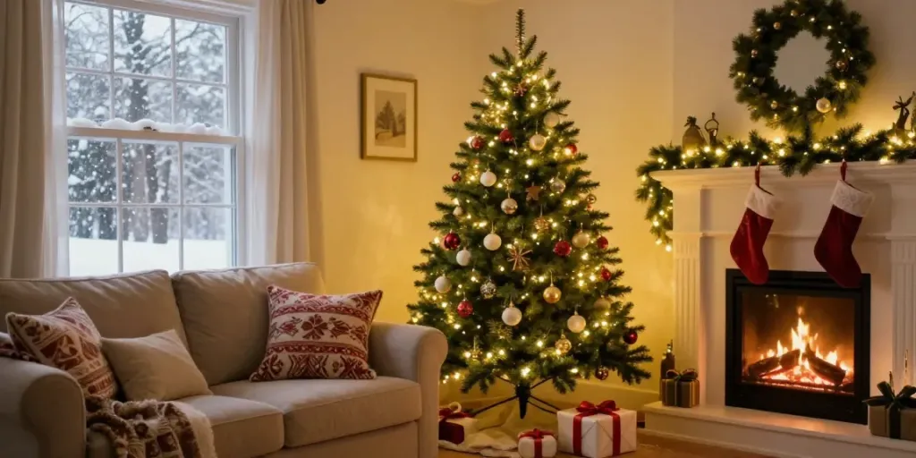 Tall skinny Christmas tree decorated with lights and ornaments in a cozy living room.