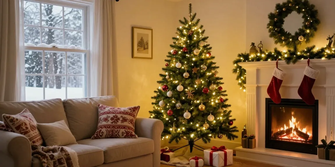 Tall skinny Christmas tree decorated with lights and ornaments in a cozy living room.