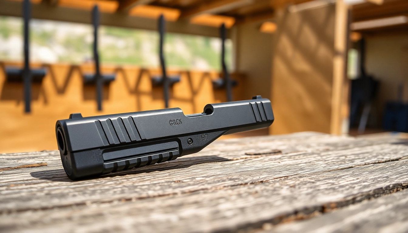 Glock 17 slide for sale displayed in detail, highlighting craftsmanship and sleek design.