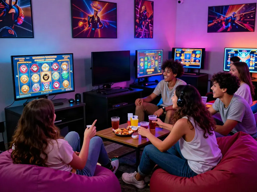 Group of friends playing ทดลองสล็อต in a vibrant gaming environment with colorful displays