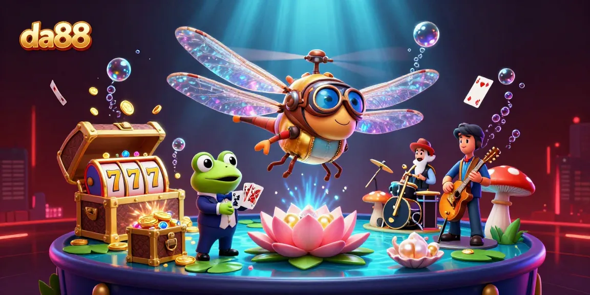 Experience da88's vibrant casino atmosphere with a dragonfly pilot and frog croupier amid exciting game action.