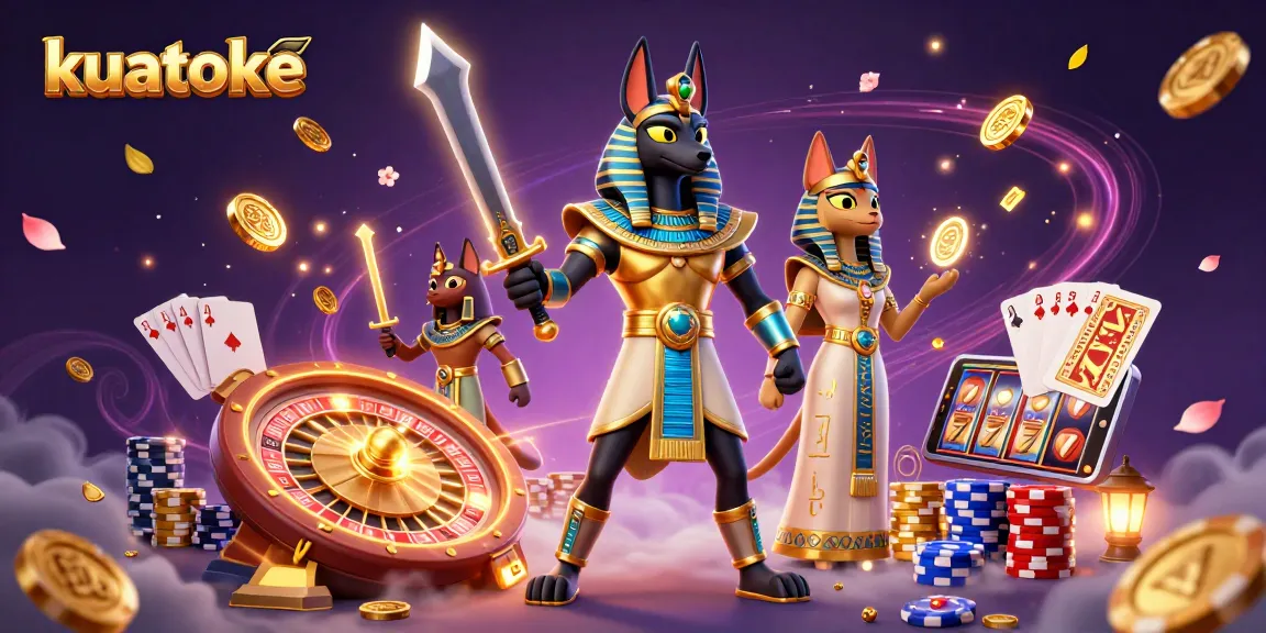 Kuatoke: Experience thrilling online gambling with an ancient Egyptian warrior surrounded by gold and casino elements.