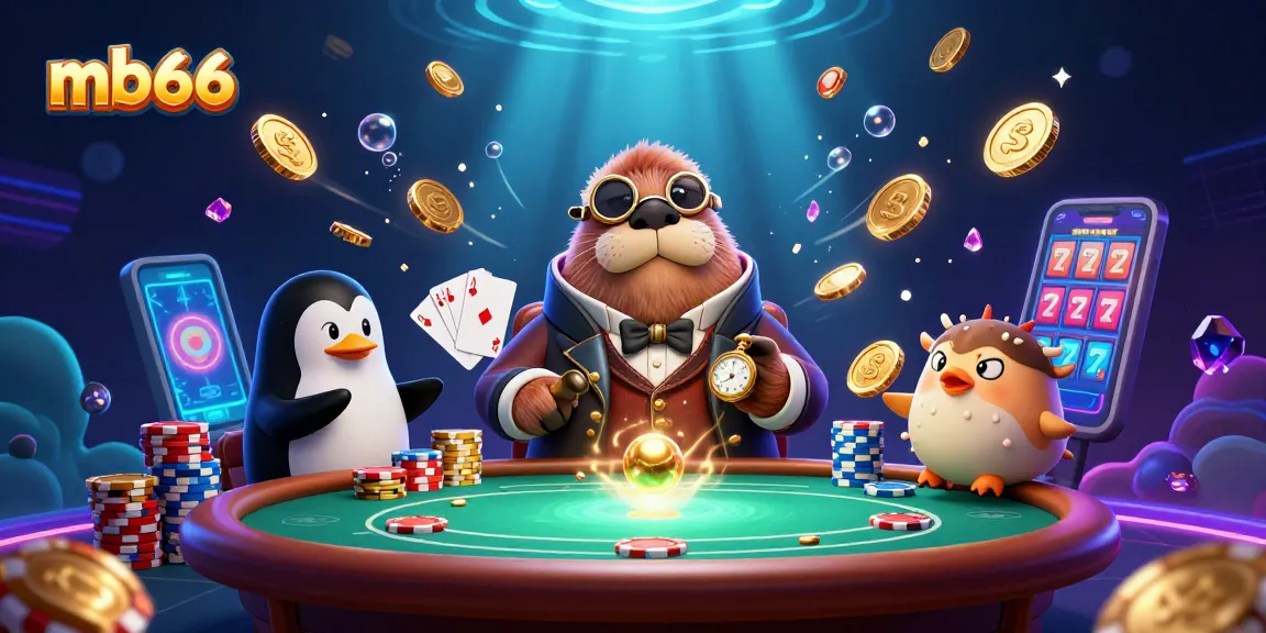 Experience thrilling gameplay at mb66 with a jolly walrus in a Victorian outfit at an underwater poker table.