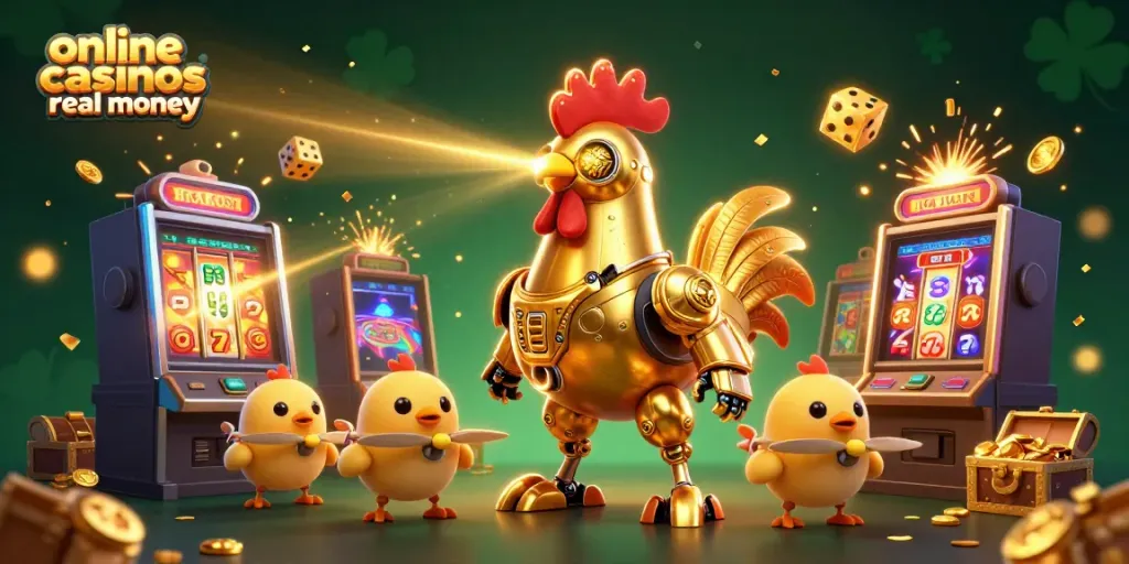 Win at online casinos real money with dynamic 3D illustration of a golden rooster robot, slot machines, and game elements.