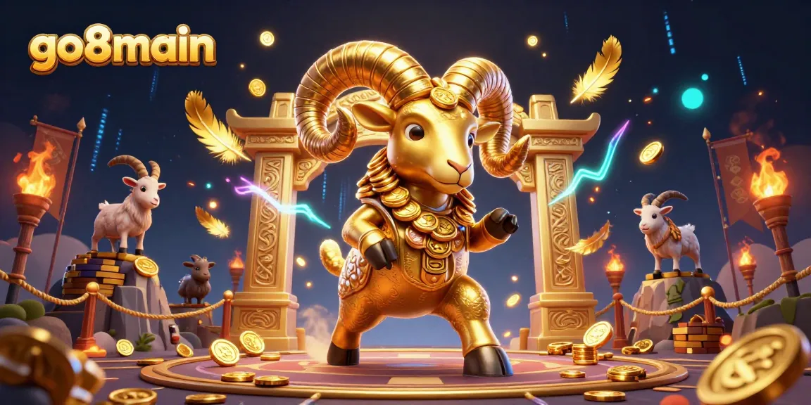 Engage with go8main's thrilling casino features featuring a golden ram amidst dynamic gaming elements.