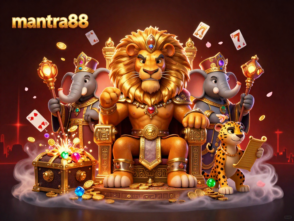 Experience mantra88's vibrant casino scene, featuring a lion king, elephant advisor, and cheetah messenger.