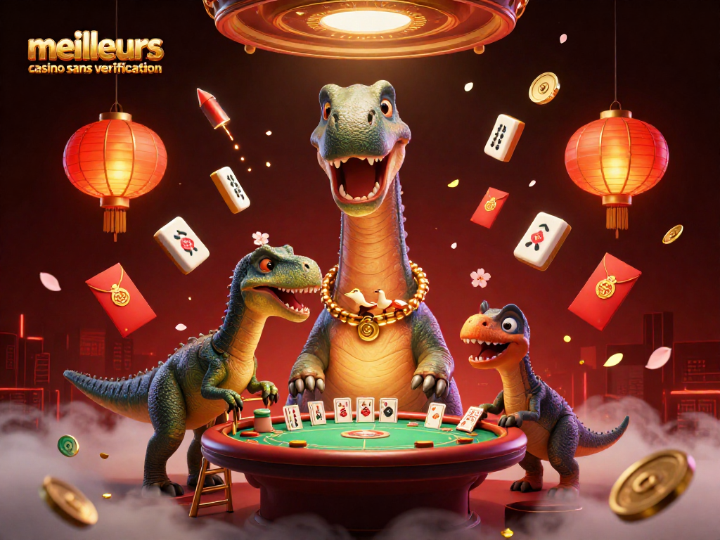 Découvrez les meilleurs casinos sans vérification, avec un brontosaurus interagissant autour d'une table de poker.