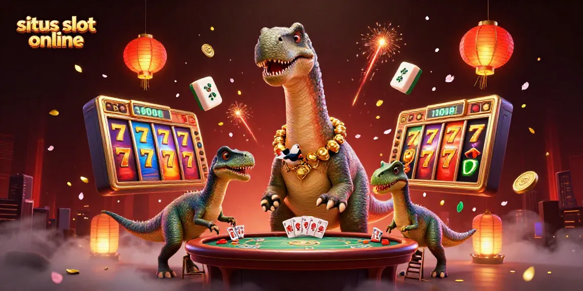 Experience an exciting scene of situs slot online with a giant brontosaurus observing a poker table below.