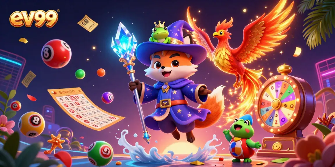 Experience ev99's thrilling casino excitement with a fantasy-themed illustration showcasing dynamic games and prizes.