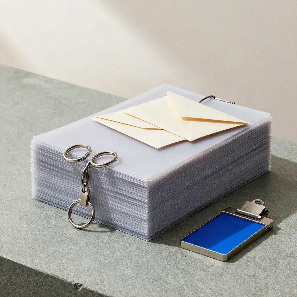 Frosted profile sleeves, rings, invite envelopes, badge clips, and token tray on sage stone under soft daylight.
