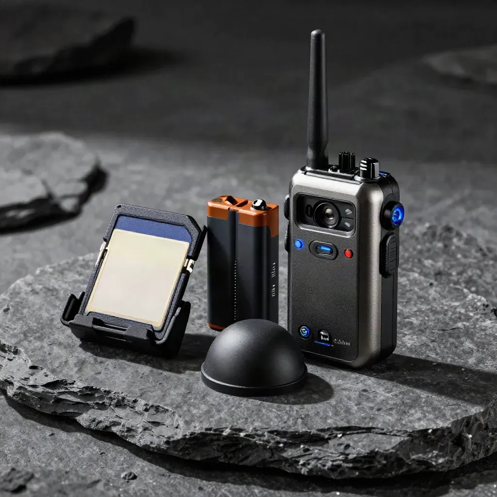 Lav mic kit, battery, SD case and diffusion dome on dark stone with blue accent.
