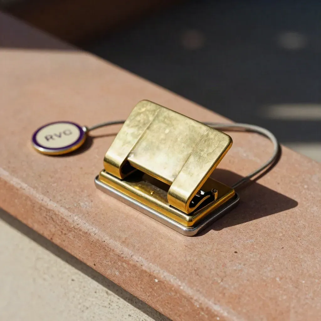 Brass ticket punch, badge clips, RSVP tokens, and coiled cord on a stone ledge