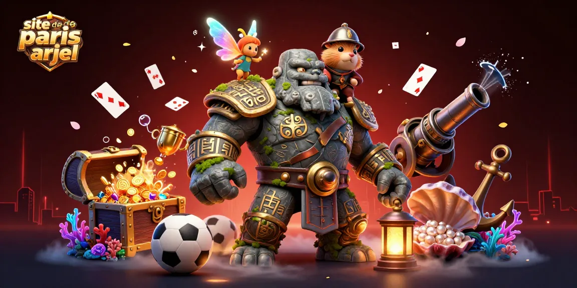 Plonger dans l'univers du site de paris hors arjel avec ce golem de pierre animé et des éléments de paris sportifs.