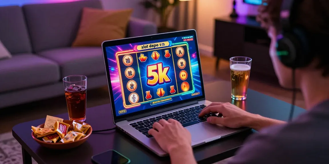 Experience the thrill of slot depo 5k in a vibrant, home gaming setup, showcasing excitement and engagement.